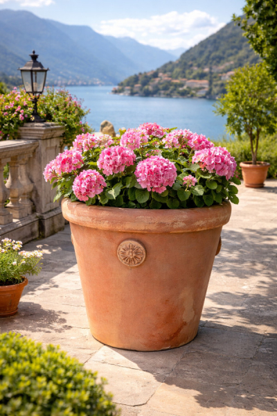 Pot rond en terre cuite d’Impruneta – rosaces décoratives et bord large classique